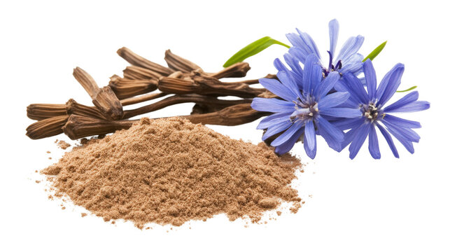 Chicory root, powder, and blue flowers on transparent background. Natural food ingredient and herbal remedy. Healthy and organic plant product.