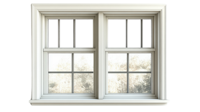 Classic double-pane window frame with six panes, showcasing elegant transparent border and natural light ambiance against a neutral background.