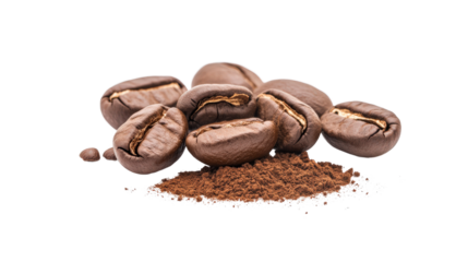 Close-up of roasted coffee beans on a pile of ground coffee, highlighting the rich aroma and texture perfect for brewing a fresh cup.