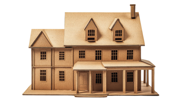 Detailed cardboard model of a two-story house with attic and porch, showcasing architectural design and craftsmanship in a miniature scale.