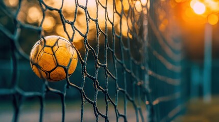 Golden Soccer Ball Trapped in a Net at Sunset