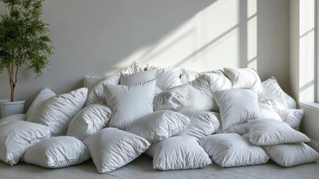 A large pile of white pillows sits in the corner of a room, bathed in natural light from a nearby window