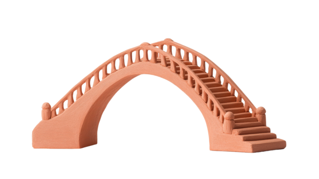 Elegant wooden arched bridge model with intricate railings, showcasing traditional craftsmanship and architectural beauty in miniature scale.