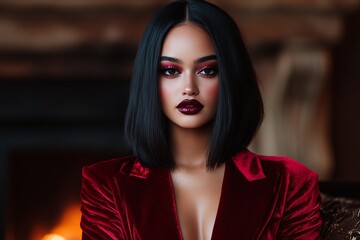 Fototapeta premium Dark-haired woman in red velvet outfit, bold makeup with deep lipstick, dramatic lighting, high-fashion editorial style, glamorous indoor portrait, confident look, luxury fashion, elegant style.