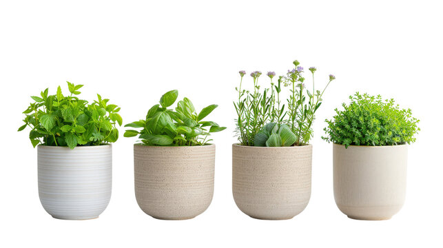 Four potted herbs in minimalist pots, showcasing various shades of green. Perfect for home decor, gardening ideas, or plant enthusiasts.