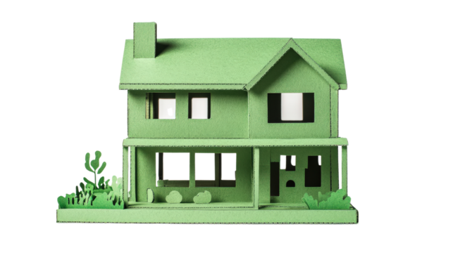 Green paper model of a two-story house with trees. Simple and minimalist architectural design concept with nature-friendly appeal.