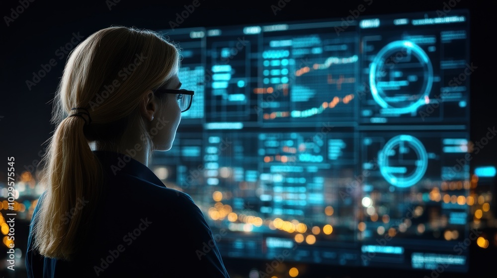 Poster woman in glasses looking at computer screen with data visualization