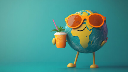 Happy Earth Character Holding Cocktail and Wearing Sunglasses