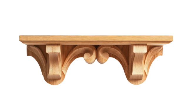 Intricately carved wooden corbel bracket with a natural finish, perfect for enhancing architectural design and home decor aesthetics.