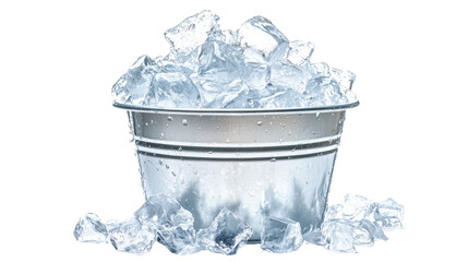 Metal bucket filled with clear ice cubes, isolated on a transparent background. Perfect for cooling drinks or food presentation.
