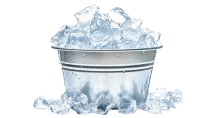Metal bucket filled with clear ice cubes, isolated on a transparent background. Perfect for cooling drinks or food presentation.