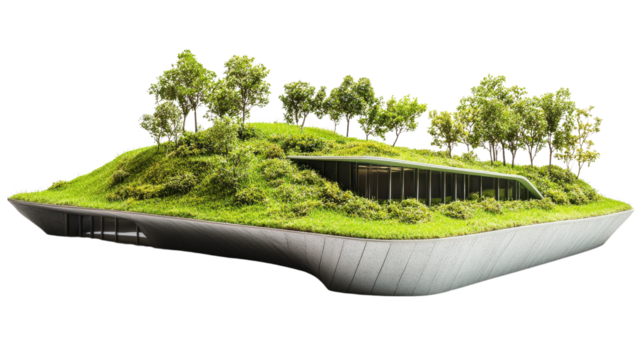 Modern building with green roof featuring trees and plants, showcasing innovative sustainable architecture and eco-friendly design.