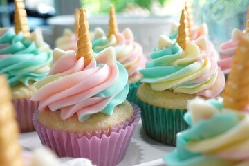 Magical unicorn vanilla cupcakes in dreamy pastel colored frosting.
