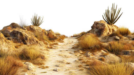 Scenic dry desert path winding between rugged rocks and sparse vegetation under a clear blue sky, illustrating arid landscape beauty.