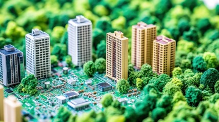 Miniature Cityscape on a Circuit Board Surrounded by Green Foliage