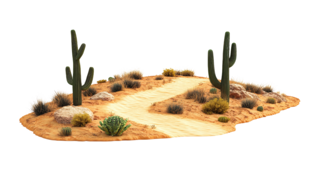 Scenic desert landscape with a winding sand path flanked by cactus plants and rocks under a clear sky.