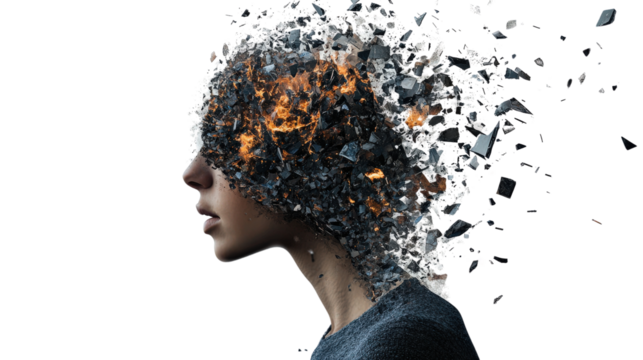 Surreal female portrait with head dissolving into fragmented particles, symbolizing creative transformation and mental exploration.