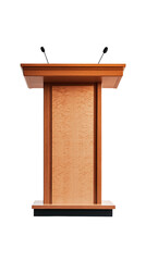 Wooden podium with two microphones, ideal for speeches, lectures, and presentations against a transparent background.