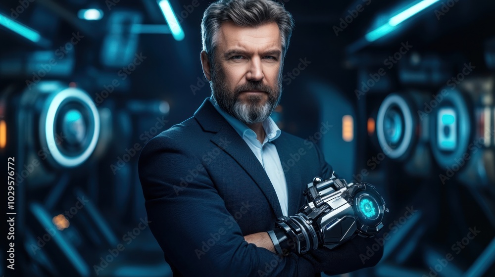Poster Man with a Futuristic Robotic Arm Standing in a Sci-Fi Setting