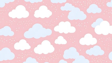 Polka Dot Clouds Tiny, fluffy cloud shapes in soft white, set against a pastel pink or baby blue background with subtle polka dots