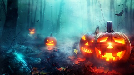 Halloween pumpkins glowing in dark forest, foggy night scene, photorealistic background.