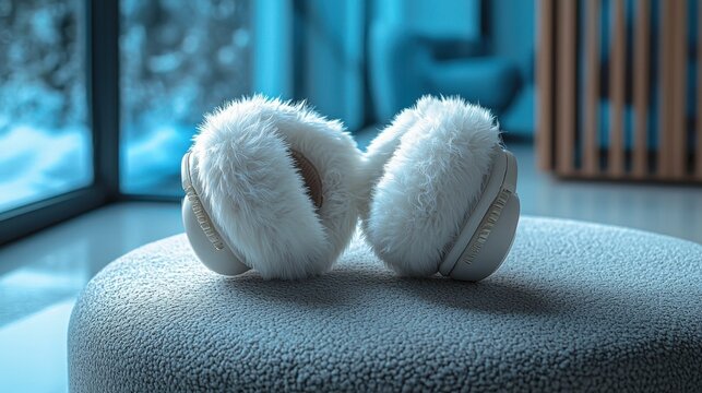 A pair of fuzzy white headphones rests on a textured surface near a large window, creating a cozy ambiance. Ideal for branding or product presentations.