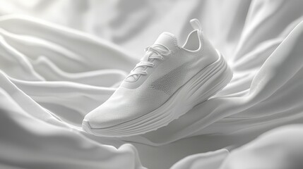 A stylish white athletic shoe placed elegantly on soft white fabric, showcasing its modern design and texture. Perfect for sports enthusiasts.