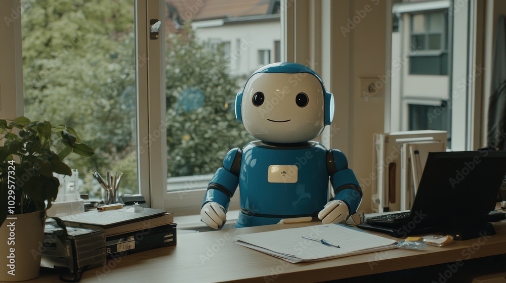 Poster blue and white robot sitting at a desk with a pen on a paper