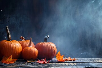 Halloween pumpkins, leaves on wooden table, dark foggy background, copy space for text.