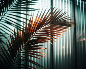 Green palm with reeded glass. White Reeded Glass. Plant leaves. Abstract illustration on clean panel for modern beauty design. Sunny banner for minimal wood presentation. Ribbed Background.