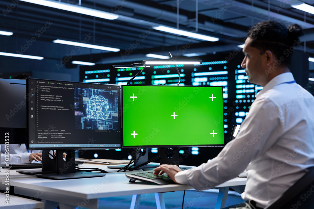 Poster system administrator doing checkup on green screen computer in server hub used for artificial intell