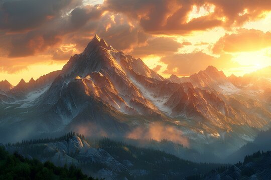 A mountain covered in snow under a cloudy sky