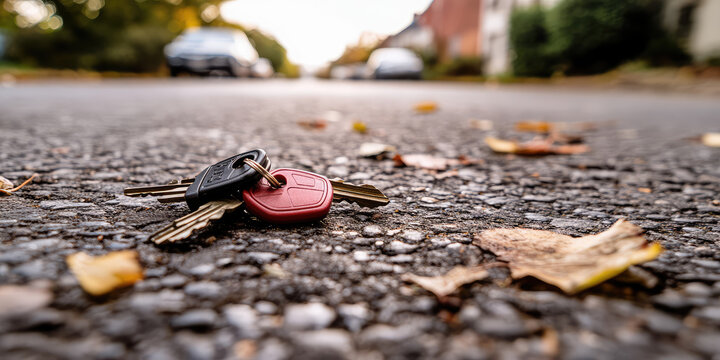 Сloseup of car keys Dropped on the ground. Lost Keys on the asphalt street