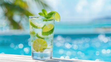 Refreshing mojito cocktail with lime and mint by the seaside. Bright and vibrant summer drink, perfect for sunny beach days.