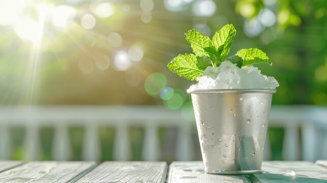 Refreshing mint julep cocktail in a silver cup on a wooden table, with sunlight and greenery in the background.