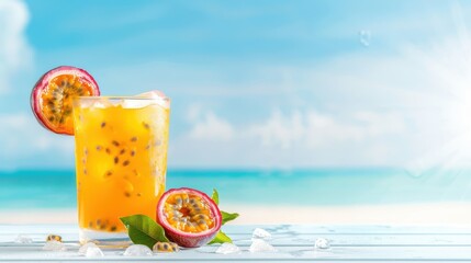 Refreshing passion fruit drink with ice on a sunny beach background, capturing the essence of summer relaxation and tropical delight.