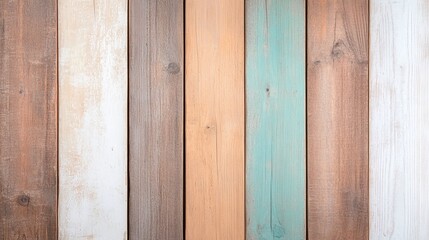 Fototapeta premium Colorful wooden planks, vertical arrangement, rustic texture, teal and orange accents, weathered wood, vibrant background, minimalistic style, bright tones, farmhouse aesthetic, copy space.