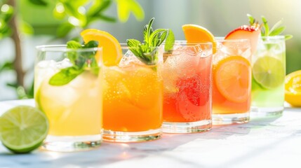 Fototapeta premium Refreshing summer cocktails with citrus and mint, served over ice in colorful glasses on a sunny day. Perfect for a tropical party vibe.