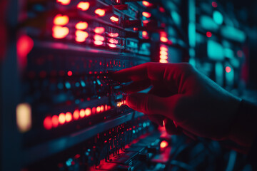 Fototapeta premium Close-up of a technician optimizing server performance