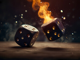 A pair of dice being thrown into the air, surrounded by stardust and fire. The dice symbolize Aries’ love for risk, with fate always hanging in the balance, ready to land in unpredictability. 