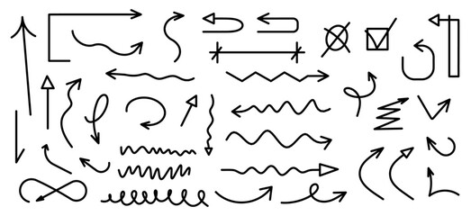 Set of different arrow shapes with digital hand drawn scribble effect on black for design in fun presentations and animated visuals vector illustration