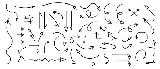 Set of different arrow shapes with digital hand drawn scribble effect on black for design in fun presentations and animated visuals vector illustration