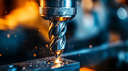 Close shot of a drill bit drilling into a piece of metal with a slightly blurred background with space for text or inscriptions
