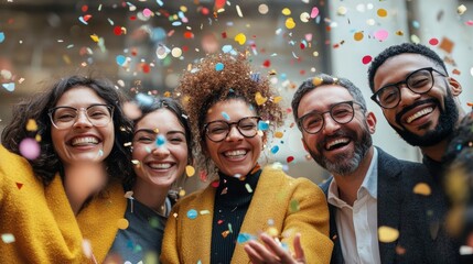 Portrait of diverse business people or business team in office with confetti having fun and smiling at camera, celebrating business success
