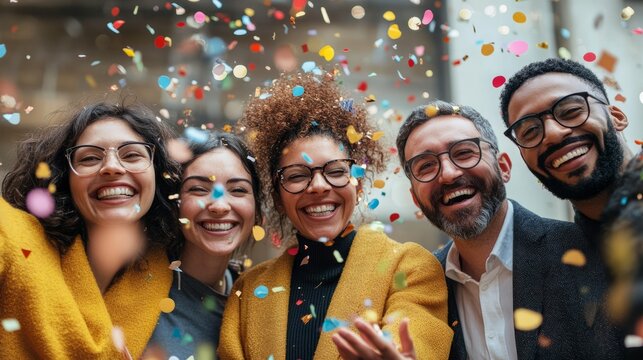 Portrait of diverse business people or business team in office with confetti having fun and smiling at camera, celebrating business success