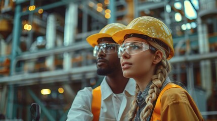 Diverse factory workers closely observe technological innovations, focused expressions reflecting teamwork and collaboration, wearing safety helmets and goggles in industrial environment.