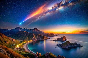 Stunning Aerial View of a Colorful Comet Over a Starry Sky, Calm Sea, and Majestic Mountains