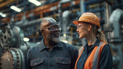 Two factory workers, black male supervisor and white female technician, engage in friendly conversation about new equipment, sharing insights in modern manufacturing environment.