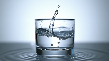 A transparent glass of water with splashes on a light background with space for text or inscriptions
