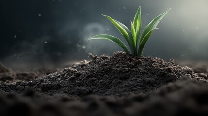 A small green plant with leaves coming out of the ground soil close up with a slightly blurred background with space for text or inscriptions. Environmental protection and BIO, copy sapce dark
